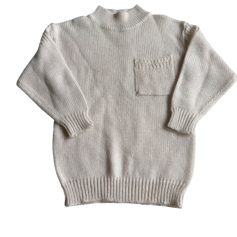 Vintage 80s 90s Helium Cream Chunky Knit Mock Neck Sweater Pocket Size Med Fall
